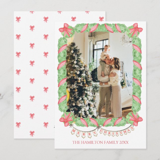 Tarjeta Festiva Navidades Coquette Garland Photo Grandmillennial (Anverso / Reverso)