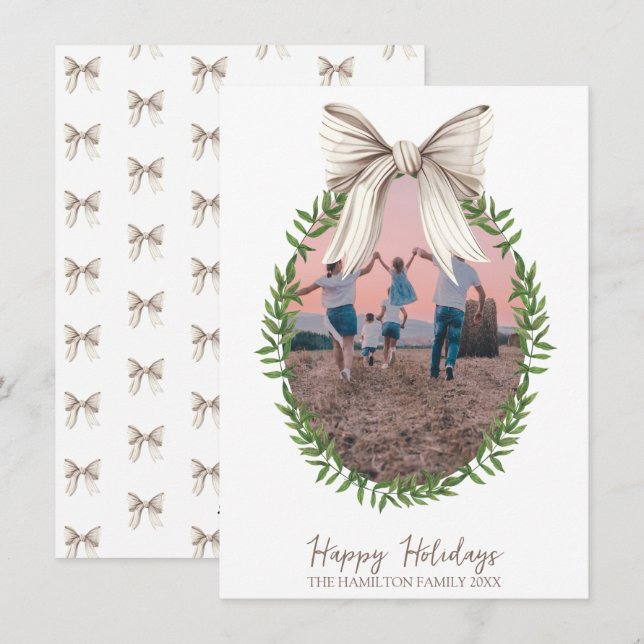 Tarjeta Festiva Navidades Coquette Wreath White Bow Foto (Anverso / Reverso)