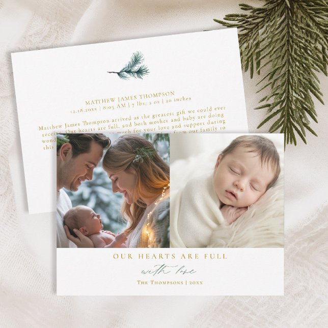 Tarjeta Festiva Navidades Corazones Familia Pina Mínima Bebé 2 Fot (christmas family card baby announcement with love calligraphy simple elegant 2 photos green gold)