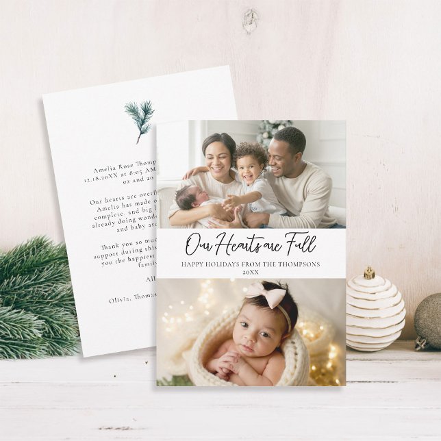 Tarjeta Festiva Navidades Corazones llenos Elegante Familia Bebé 2 (christmas family card baby announcement card modern calligraphy simple elegant 2 photos)