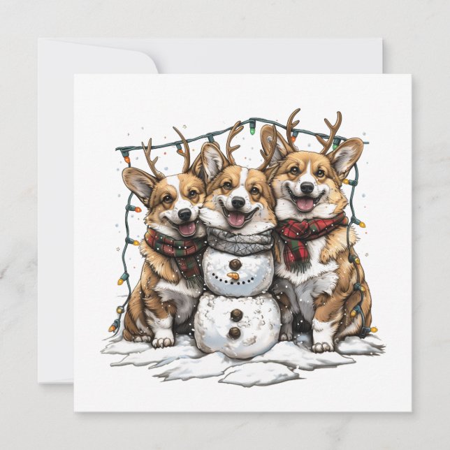 Tarjeta Festiva Navidades Corgi Dogs Snowman (Anverso)