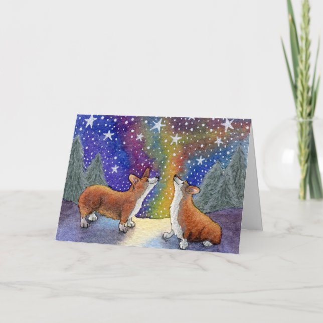 Tarjeta Festiva Navidades Corgis Disfrutan Las Estrellas Juntos CA (Anverso)