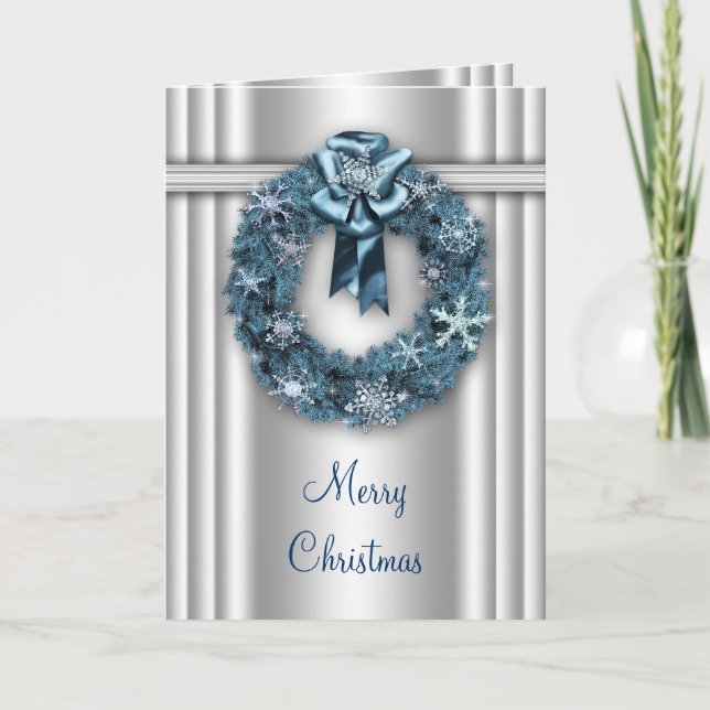 Tarjeta Festiva Navidades corporativos de Silver Blue Wreath (Anverso)