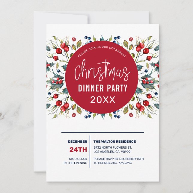 Tarjeta Festiva Navidades cortaban bayas rojas y follaje verde (Anverso)