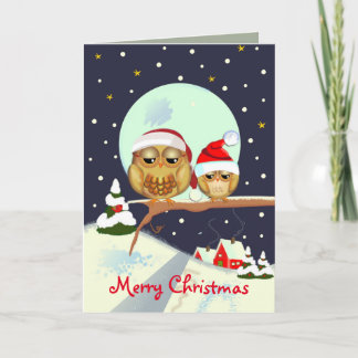 Tarjeta Festiva Navidades cortos búhos con sombreros Santa y texto