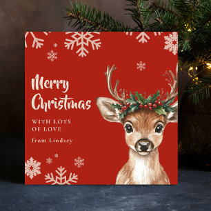 Tarjeta Festiva Navidades cortos ciervos con cuernos y corona flor