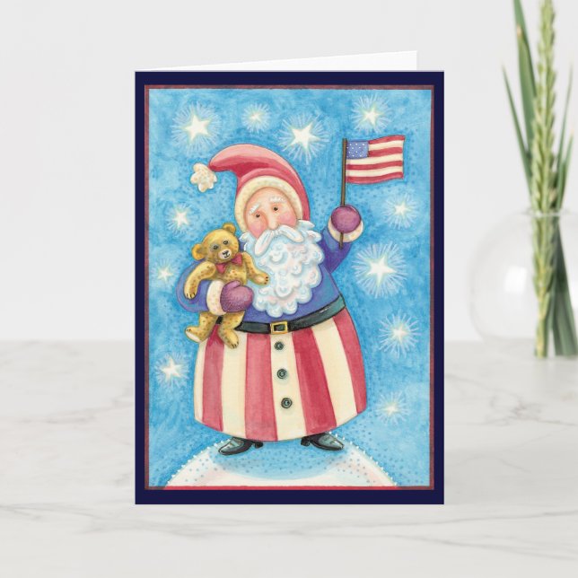 Tarjeta Festiva Navidades cortos, Papá Noel Patriótico con bandera (Anverso)