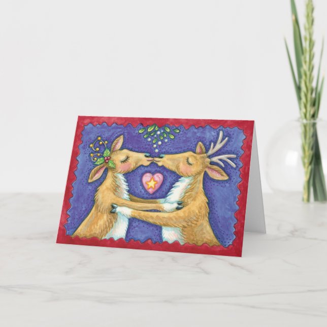 Tarjeta Festiva Navidades cortos reno, beso romántico con mistleto (Anverso)