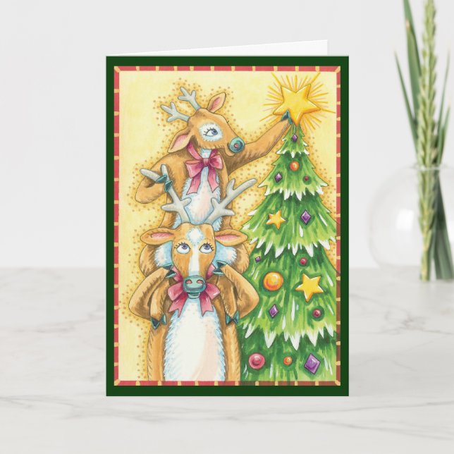 Tarjeta Festiva Navidades cortos renos con estrella de árbol de Na (Anverso)