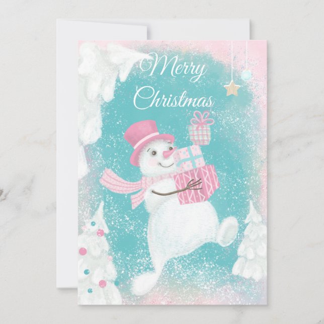 Tarjeta Festiva Navidades cortos Snowman rosa y menta (Anverso)
