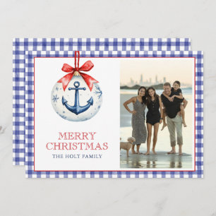 Tarjeta Festiva Navidades costeros Anchor Ornament Gingham Photo