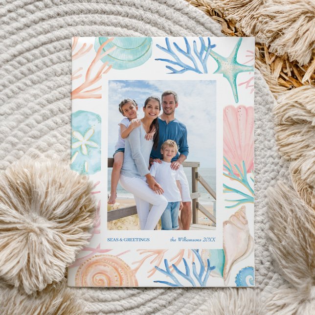 Tarjeta Festiva Navidades costeros Beach Watercolor Seashell Photo (Coastal Christmas Beach Watercolor Seashell Photo Holiday Card)
