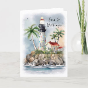Tarjeta Festiva Navidades costeros del Lighthouse Palm Tree Sea