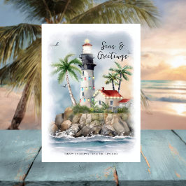 Tarjeta Festiva Navidades costeros del Lighthouse Palm Tree Sea