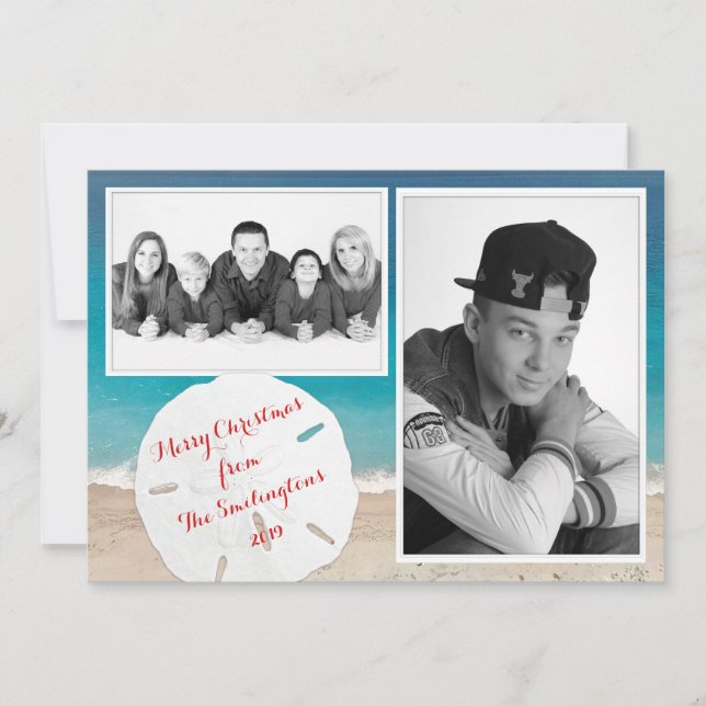 Tarjeta Festiva Navidades costeros Foto de familia Dólar de arena (Anverso)