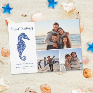 Tarjeta Festiva Navidades costeros: Marina Caballo de Mar Azul 3 F