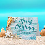 Tarjeta Festiva Navidades costeros Personalizado Beach Company Sea<br><div class="desc">Una bonita tarjeta personalizado de vacaciones de negocios para una compañía de islas tropicales. Personalizar esta tarjeta de Navidades de fotografía verde azulada de madera azul y de conchas marinas con su nombre de corporación costera u otro texto profesional costero.</div>