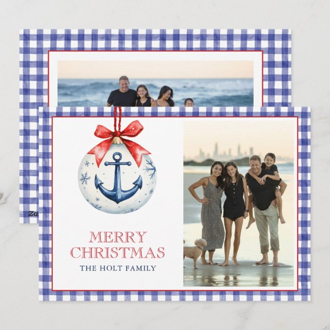 Tarjeta Festiva Navidades costeros Starfish Ornament Gingham Photo (Anverso / Reverso)