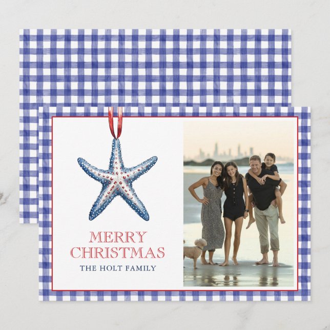 Tarjeta Festiva Navidades costeros Starfish Ornament Gingham Photo (Anverso / Reverso)