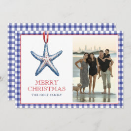 Tarjeta Festiva Navidades costeros Starfish Ornament Gingham Photo
