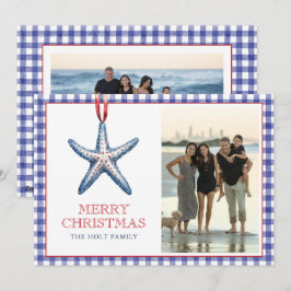 Tarjeta Festiva Navidades costeros Starfish Ornament Gingham Photo