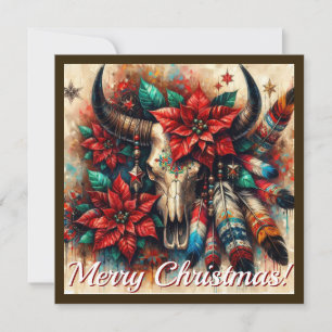 Tarjeta Festiva Navidades Cow Bull Skull Poinsettias Feathers