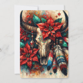 Tarjeta Festiva Navidades Cow Bull Skull Poinsettias Feathers