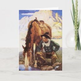Tarjeta Festiva Navidades, Cowboy regando su caballo por NC Wyeth