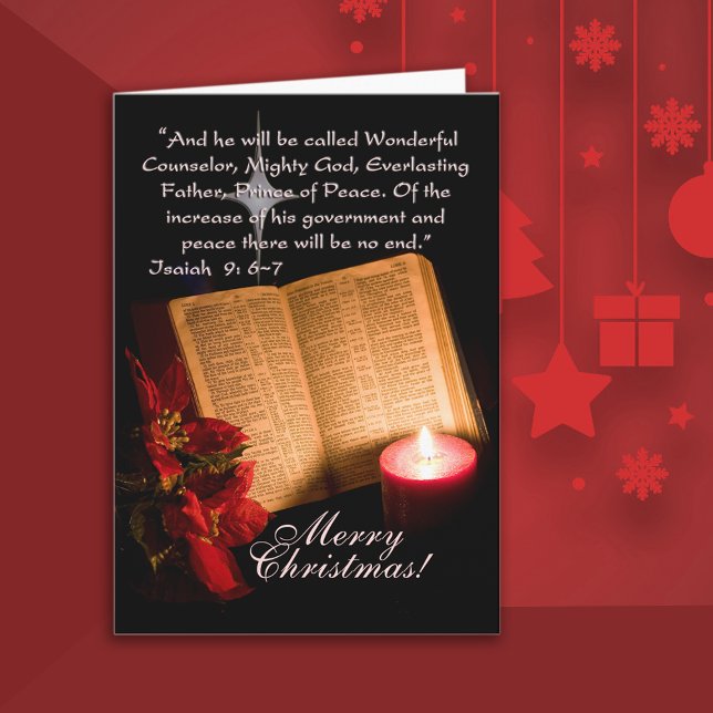 Tarjeta Festiva Navidades cristianos a la luz de las velas (Beautiful Christmas card with a Bible, poinsettia and candle with Scripture verse.)