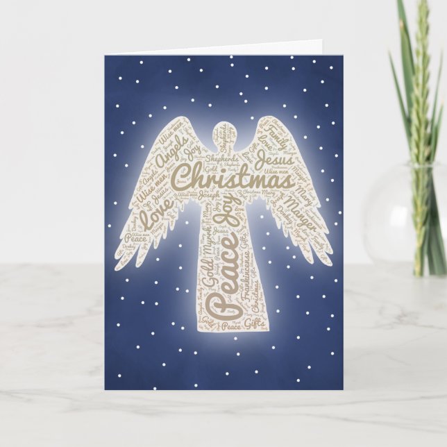 Tarjeta Festiva Navidades cristianos con ángel de tipografía (Anverso)