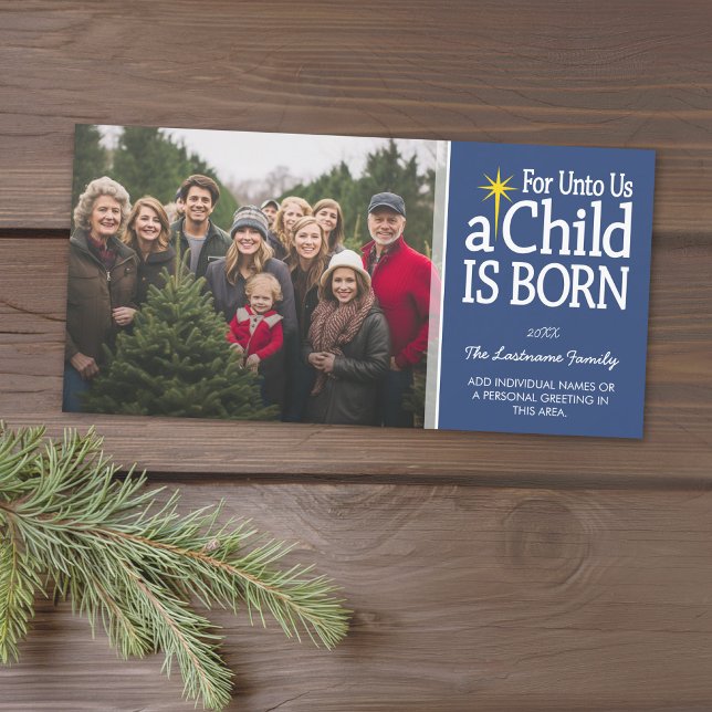 Tarjeta Festiva Navidades cristianos de fotografía - Nace un niño (Add 1 photo to this classic photo card that can be printed or sent out to friends and family.)