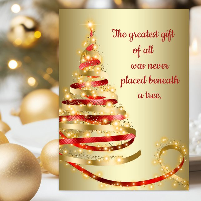 Tarjeta Festiva Navidades cristianos de oro rojo (Christian Christmas card with elegant red and gold ribbon tree with scriptures.)