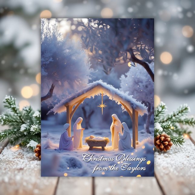 Tarjeta Festiva Navidades cristianos de vacaciones en escena de na (Snowy Nativity scene Christmas card featuring Mary, Joseph, and Baby Jesus under the Star)