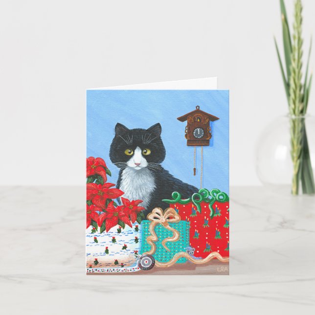 Tarjeta Festiva Navidades cristianos entregan ratón de gato de Tux (Anverso)