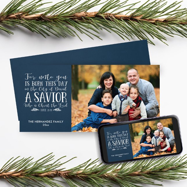 Tarjeta Festiva Navidades cristianos versus foto de festividad azu (Christian Christmas Verse Blue Holiday Photo Card with Digital Download)