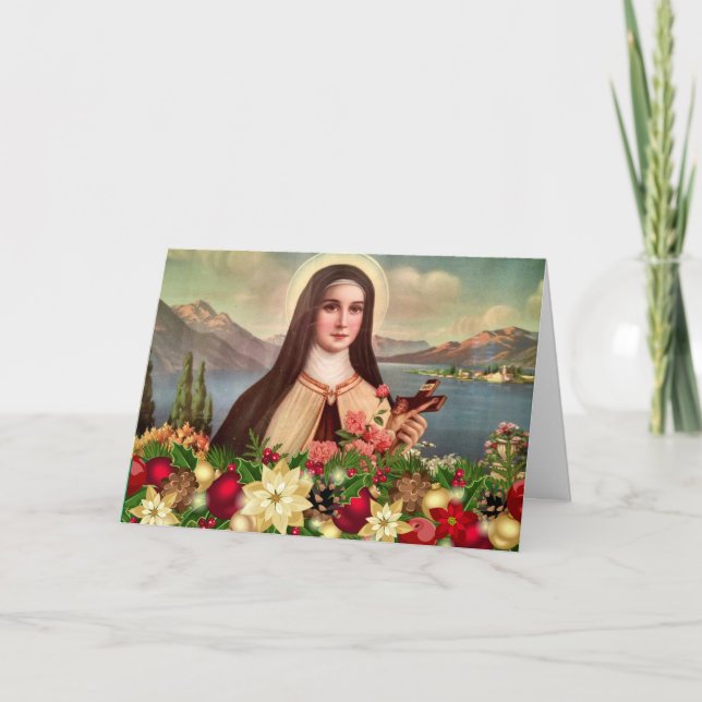Tarjeta Festiva Navidades crucifijos de St. Therese Rosas (Anverso)