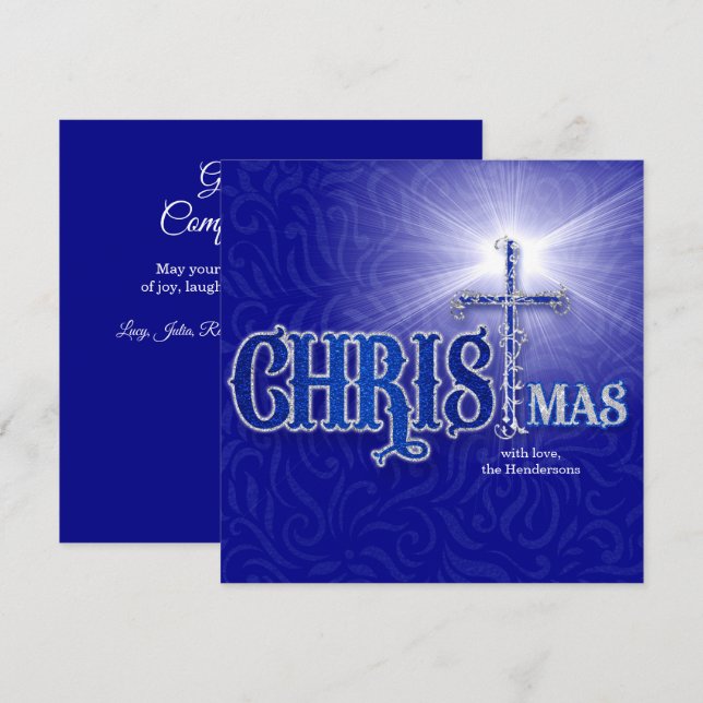 Tarjeta Festiva Navidades Cruz Cristiana Plata y Azul (Anverso / Reverso)