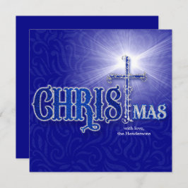 Tarjeta Festiva Navidades Cruz Cristiana Plata y Azul