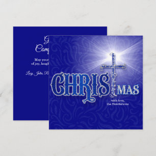 Tarjeta Festiva Navidades Cruz Cristiana Plata y Azul
