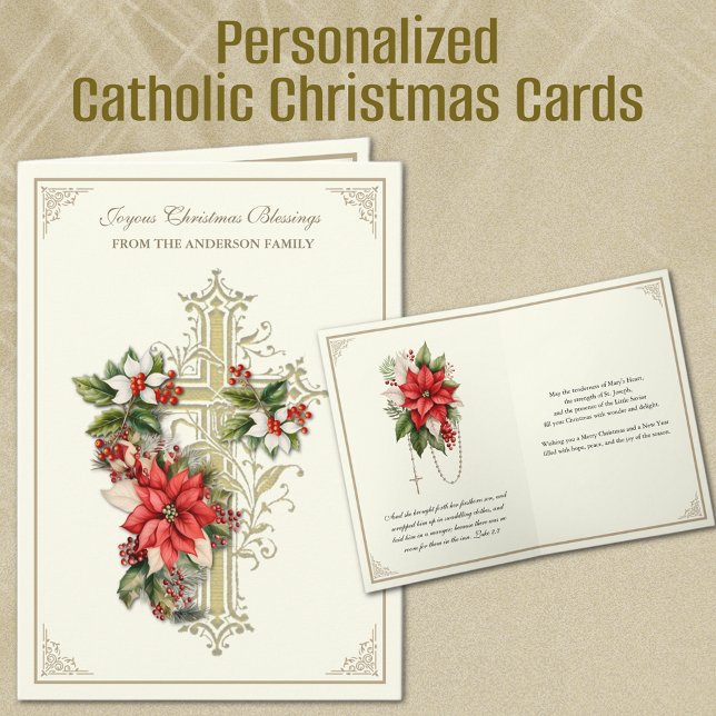 Tarjeta Festiva Navidades Cruz de Oro Católica (Personalized Catholic Christmas Cards with Gold Cross and Poinsettia Flowers)