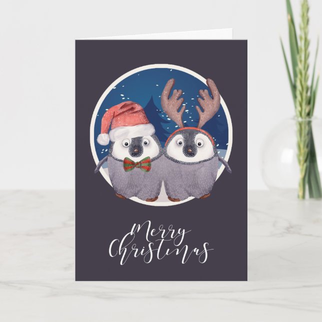 Tarjeta Festiva Navidades cubren Santa y la pareja de renos pingüi (Anverso)