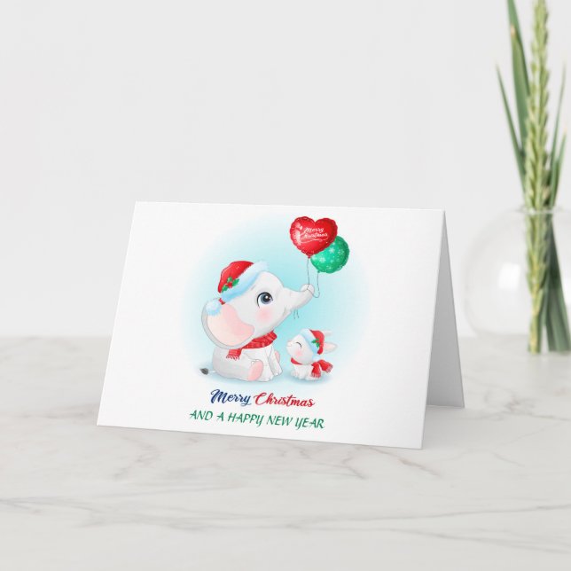 Tarjeta Festiva Navidades Cuidados Elefante Bebé Bunny Santa Cap (Anverso)