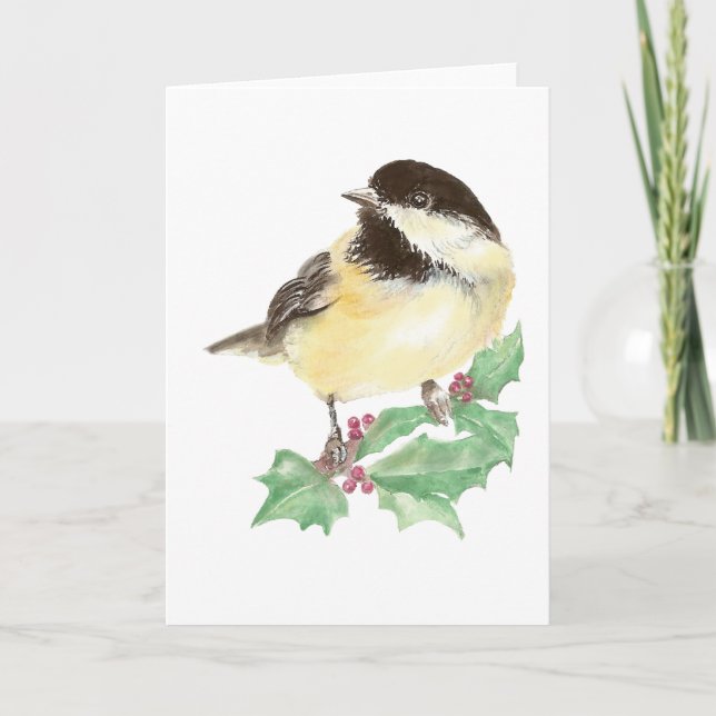 Tarjeta Festiva Navidades Cute Chickadee, Ave, Vida Silvestre Holl (Anverso)