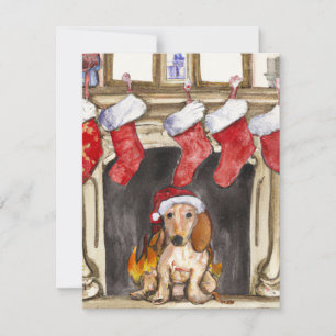 Tarjeta Festiva Navidades Cute Dachshund y Chimenea Acuarela