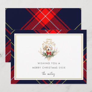 Tarjeta Festiva Navidades Cute Dog Plaid Holiday Grey