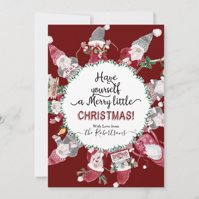 Tarjeta Festiva Navidades Cute Gnomes Aman Joy Peace Photography (Anverso)