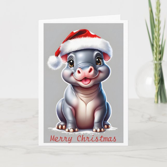 Tarjeta Festiva Navidades Cute Hippotamus Santa Hat (Anverso)