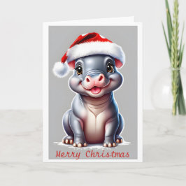 Tarjeta Festiva Navidades Cute Hippotamus Santa Hat