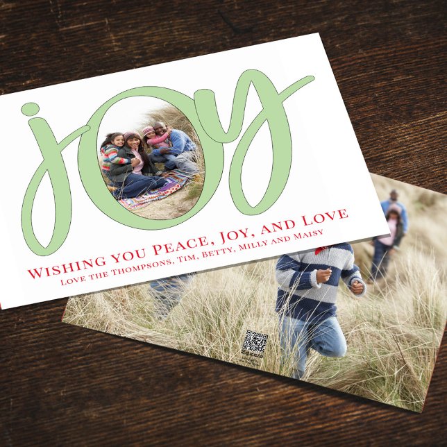 Tarjeta Festiva Navidades Cute Joy Typografía Simple Dos Fotografí (Christmas holiday "Joy" typography cute calligraphy script photo card. )
