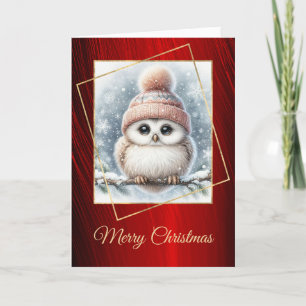 Tarjeta Festiva Navidades Cute Red Owl Cap